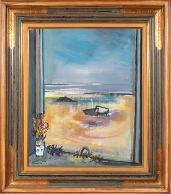 une peinture à l'huile représentant un bateau sur la plage avec un vase de fleurs
