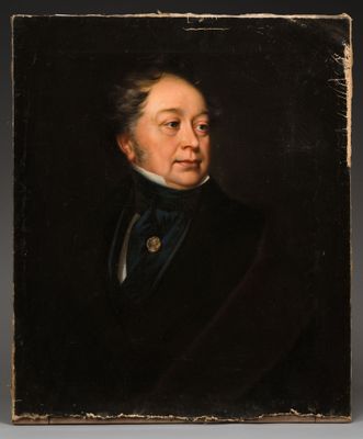 a painting of a man in a black suit and blue tie