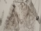 drawing of a woman with long hair wearing a hat and holding a vase