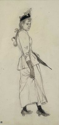 a drawing of a woman in a dress and hat holding a sword