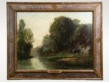 l'image d'une peinture représentant une rivière avec des arbres en arrière-plan