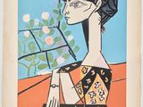 un tableau représentant une femme tenant une fleur à la main