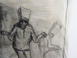 un dessin en noir et blanc représentant un homme avec un vélo