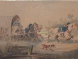 tableau représentant un groupe de personnes à cheval et une charrette tirée par des chevaux