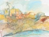une aquarelle représentant une petite ville perchée sur une colline