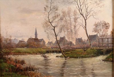 tableau représentant une rivière avec un village en arrière-plan
