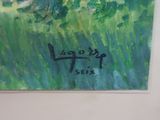 an image of a painting of a green field with trees in the background