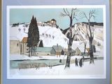 tableau représentant un village sous la neige, avec une montagne en arrière-plan