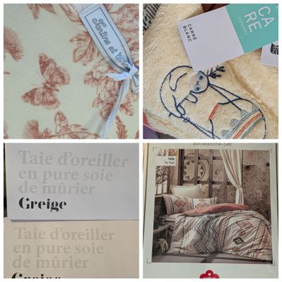 plusieurs photos différentes d'un lit sur lequel est accrochée une étiquette