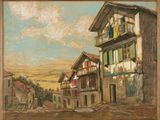 une image représentant une peinture d'une scène de rue avec des bâtiments