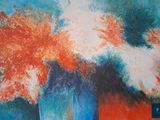 a painting of flowers in a blue vase on a table