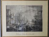 painting of a harbor scene with ships in the water and people on the shore