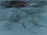 drawing of two people riding horses through a snowy landscape
