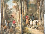 deux tableaux représentant des personnes à cheval dans une zone boisée