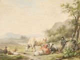 un tableau représentant un groupe d'animaux dans un champ