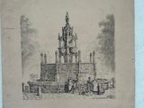 an old drawing of a building with a clock tower in the middle of it