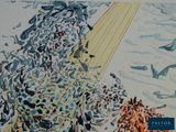 a picture of a painting of birds flying in the sky