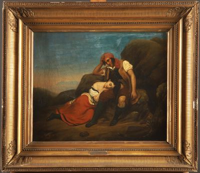 a painting of a man and a woman in a rocky landscape