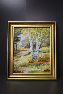 une peinture à l'huile représentant un sentier traversant une forêt, avec des arbres en arrière-plan