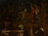 painting of a group of people sitting around a table in a dark room