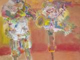painting of two clowns playing instruments in a room with a red wall