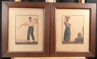 two framed pictures of a man holding a stick and a woman carrying a basket