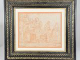 a framed drawing of a group of people sitting around a table