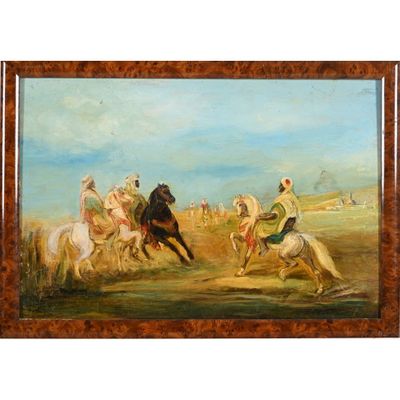 une peinture à l'huile représentant un groupe d'hommes à cheval dans un champ