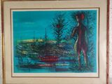 painting of a woman in a boat on a body of water with trees in the background