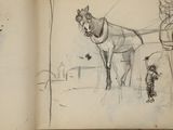 a drawing of a horse and a man with a dog