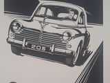 an old poster of a car driving down a road with a man in the back seat