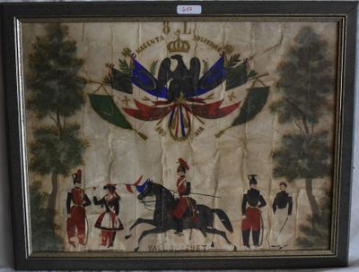 un vieux tableau représentant un homme à cheval, sur lequel est hissé un drapeau
