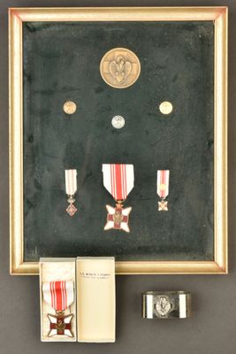 une photo montrant une médaille encadrée ainsi que d'autres objets