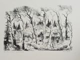 dessin au crayon représentant une maison dans les bois, entourée d'arbres et de buissons
