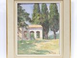 une peinture à l'huile représentant une maison et des arbres dans un champ