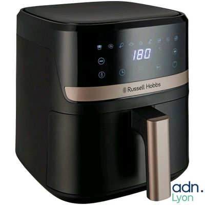 an image of a black and silver air fryer on a white background