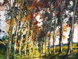 a painting of a river surrounded by trees and grass
