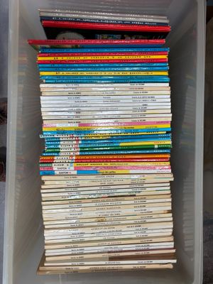 beaucoup de livres dans une boîte en plastique posée par terre