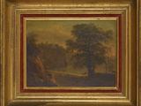 an oil painting of a landscape with trees and a man in the distance