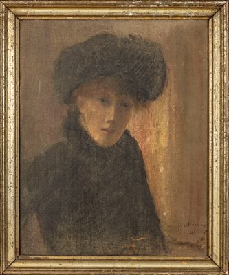 a painting of a woman wearing a black hat and a black dress