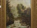 une peinture à l'huile représentant une rivière avec un pont au milieu