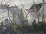 a painting of a white house with trees in the foreground
