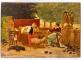 a painting of a man and a woman sitting on a bench