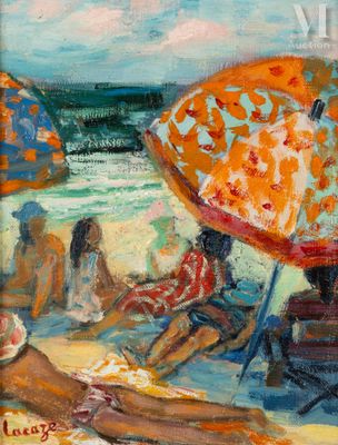 a painting of people sitting on the beach under umbrellas