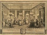 a drawing of a large group of people in a large room