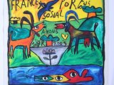 drawing of a picture of a dog and a bird in a pond