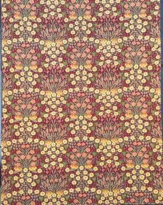 a red and yellow floral pattern on a blue background