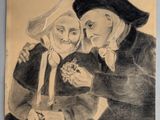 drawing of a man and a woman holding a knife in front of a drawing of a man and a woman holding a knife in front of a drawing of a woman