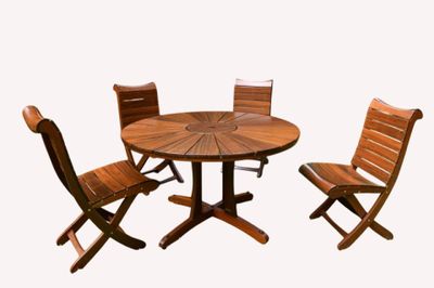 three chairs and a table on a white background