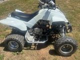 an image of a white four wheeler atv parked in the grass